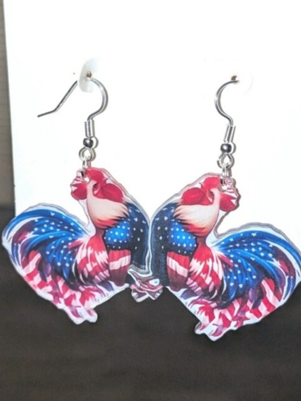 Patriotic Rooster Dangle Earrings - Red White Blue